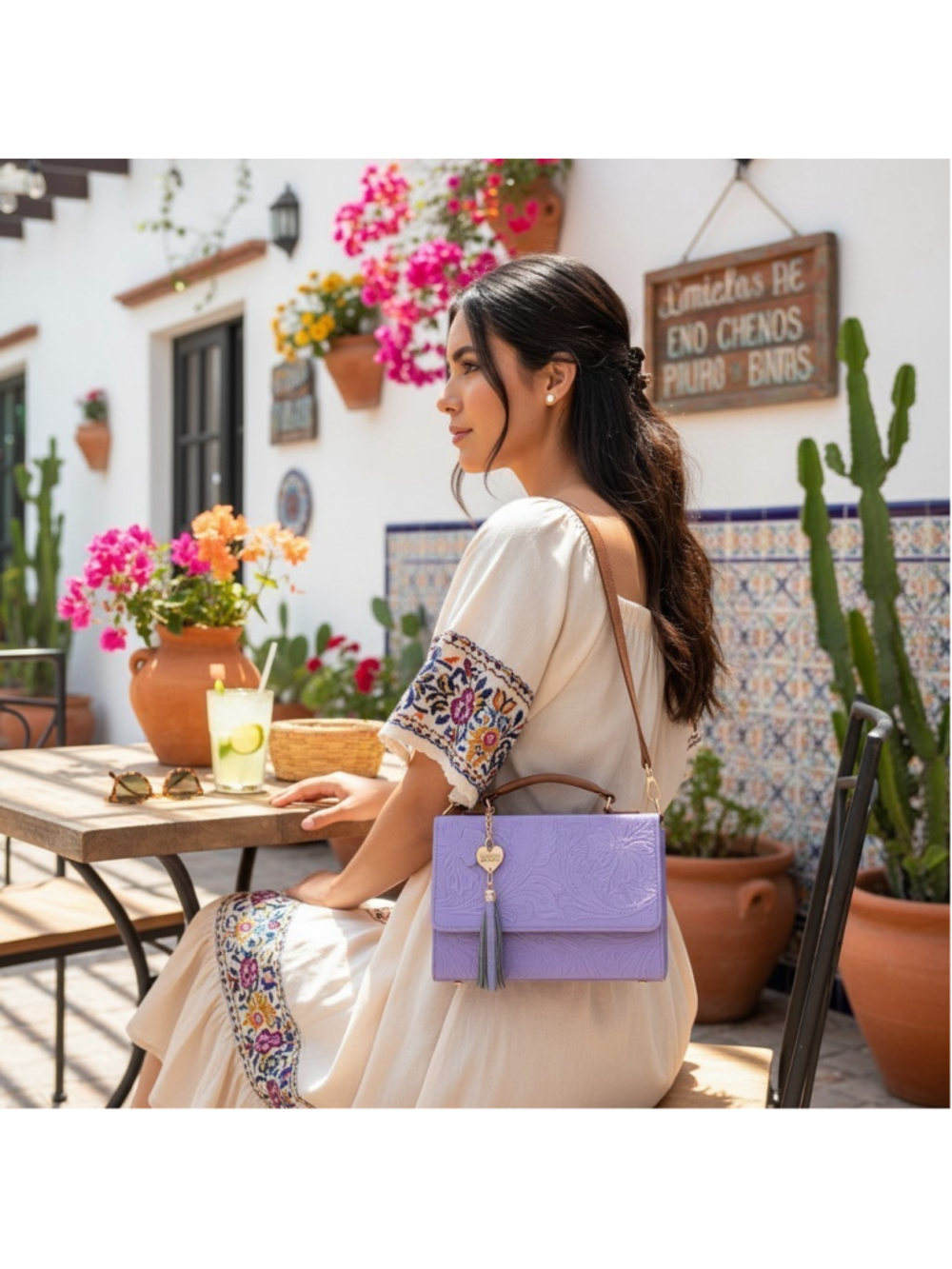 Lilac Purple Floral Embossed Tooled Artisan LEATHER Crossbody Handbag Purse Bag